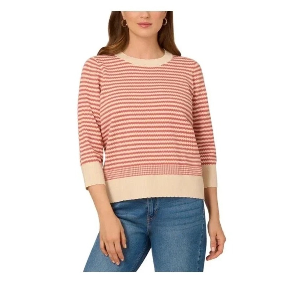 Adrianna Papell Women's 3/4 Sleeve Scalloped Edges Knit Sweater, Pink, Size 2XL